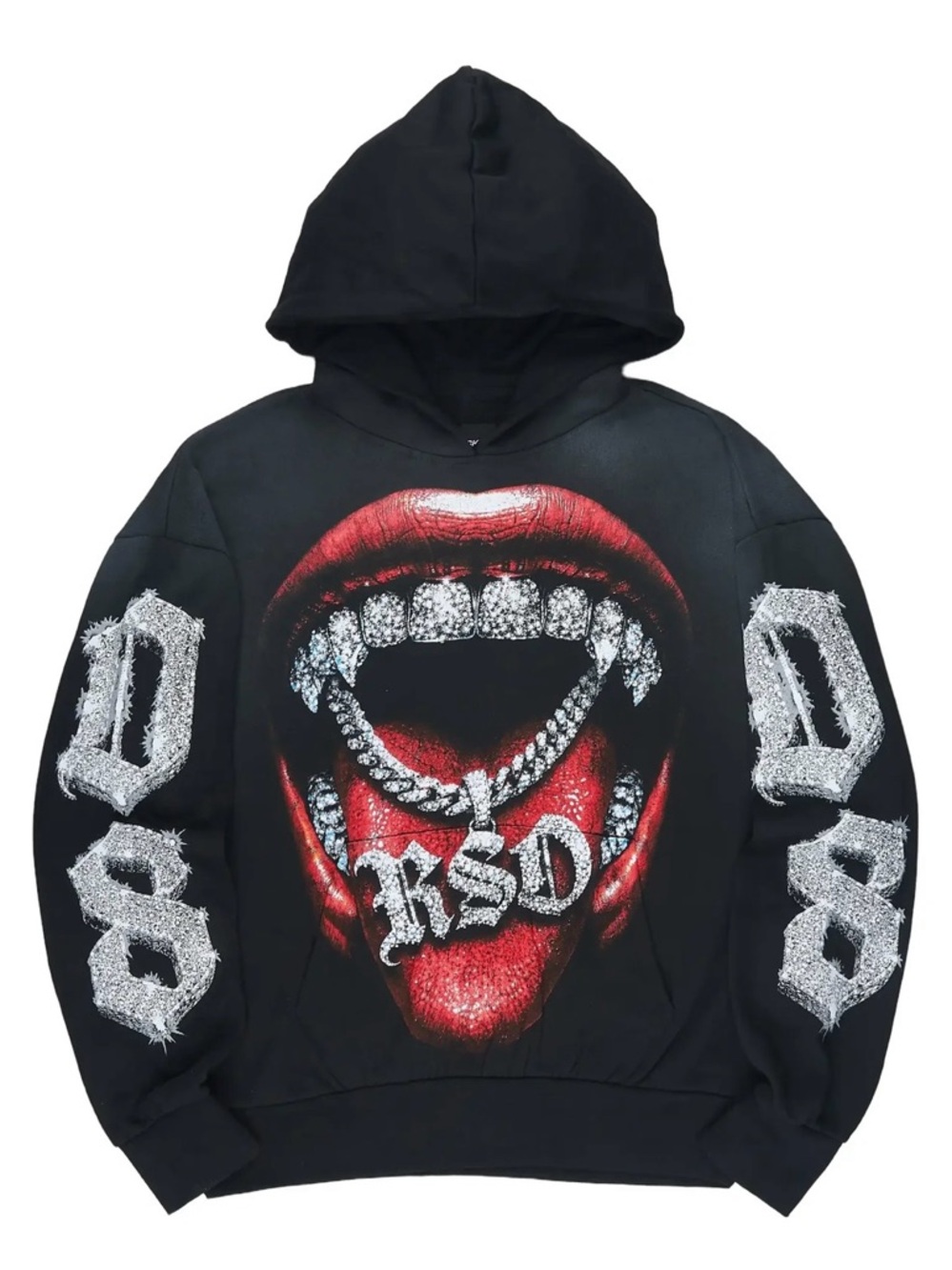 NWT!!! Mens Black Graphic Hoodie with Red Lips and Chain Design